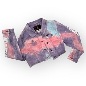 Members Only Purple Pink Tie-Dye Rugrats Graphic Frayed Cropped Denim Jacket XL